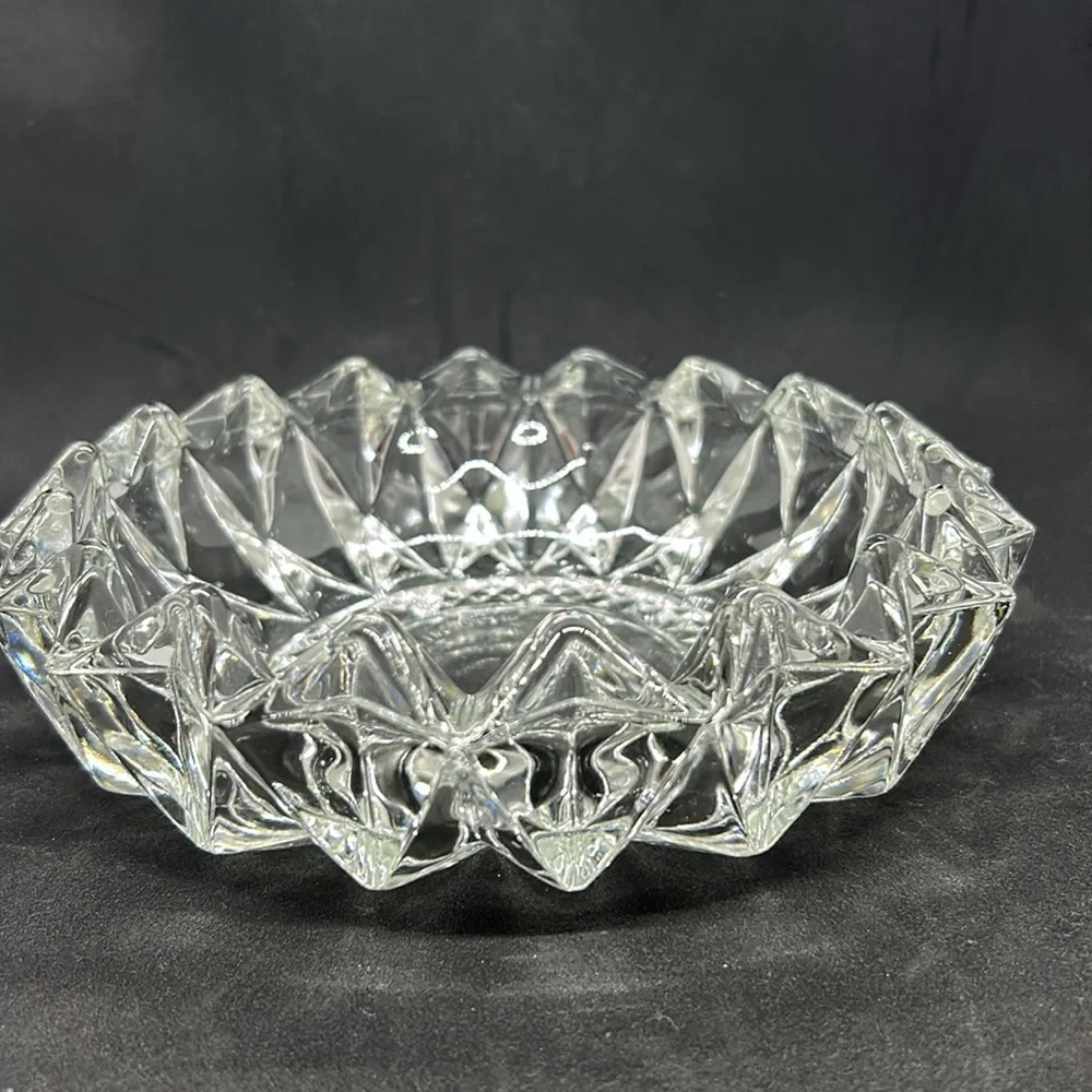 Vintage KIG Indonesia Diamond Pressed Glass Clear Round Ashtray Heavy Cigar
